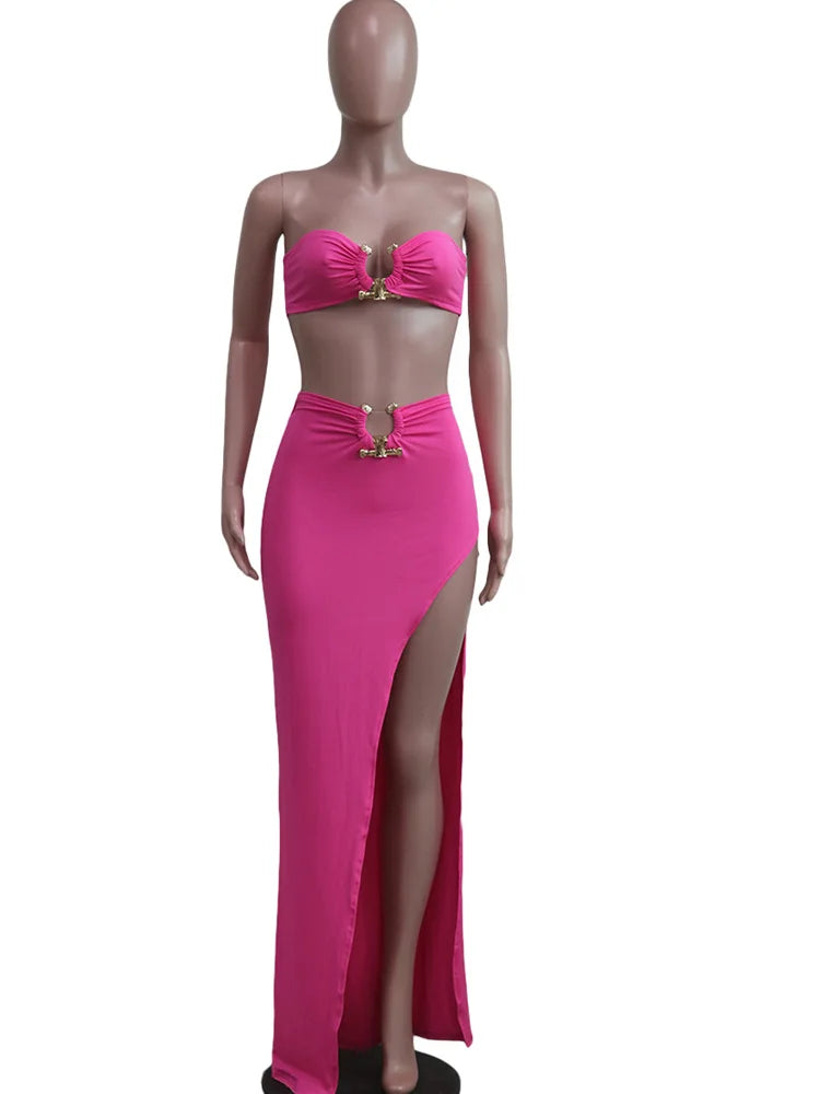 New Chic Gold Ring Bandeau Slit Skirt Two-Piece Set