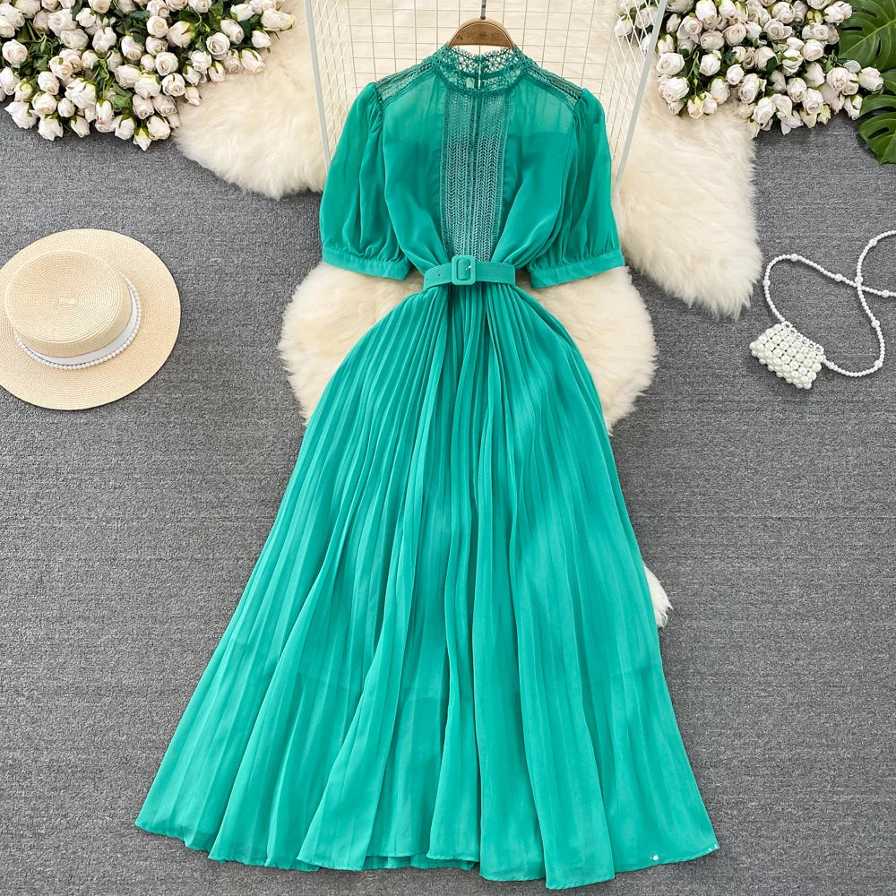 Elegant Dress Lace Belt Short sleeved Back Zip Pleated Chiffon A-line