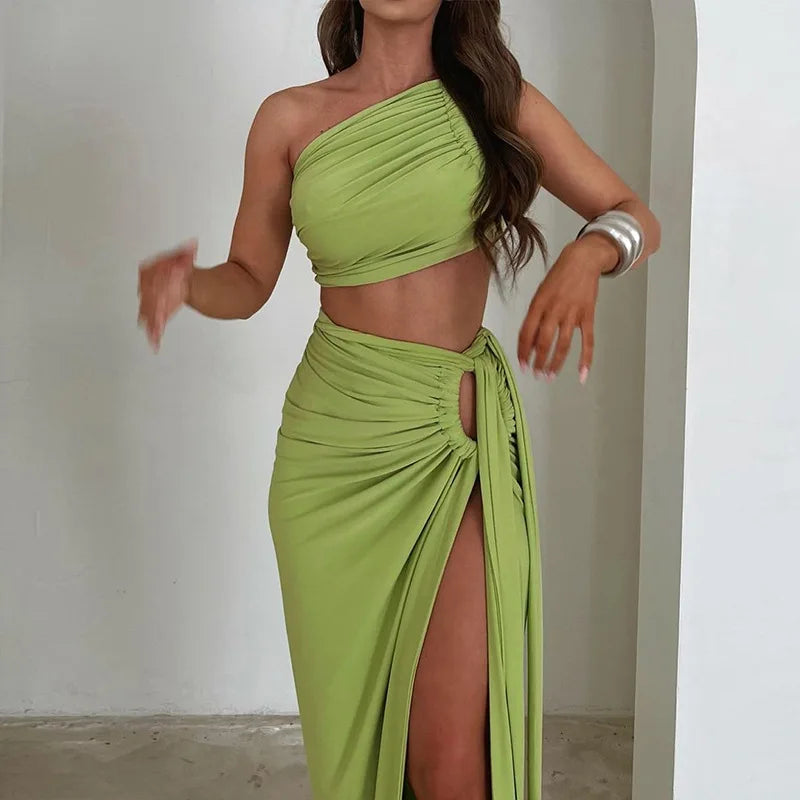 One Shoulder Backless Crop Top Tanks and Long Split Skirt Two Piece Matching