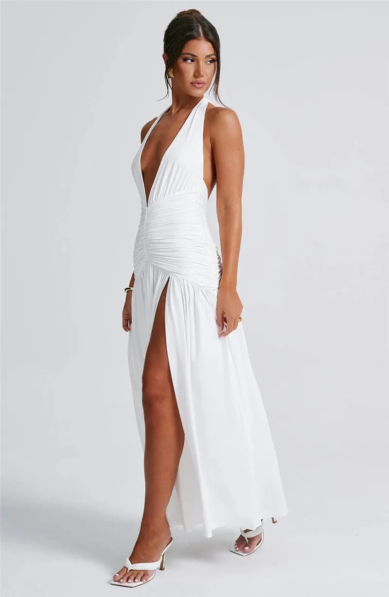 Halter Deep V Neck Backless Maxi Dress