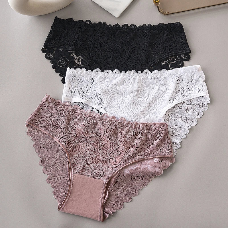 3PCS Luxury Floral Embroidery Lace Panties