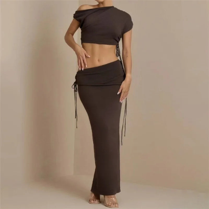 Short Sleeve Crop Top Shirt and Maxi Long Skirts Two Piece Matching Sets