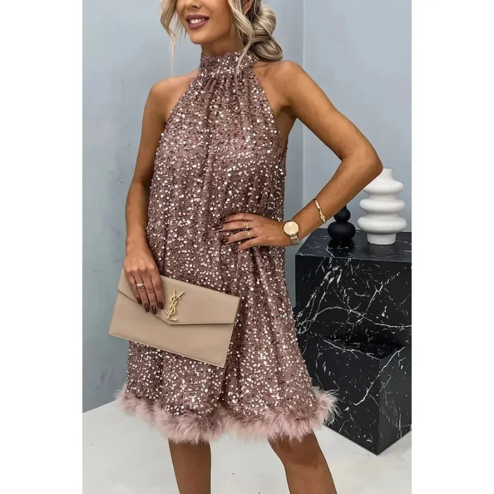 New European and American Party Sequin Hanging Neck Fashion Dress INS Casual Lace up Sleeveless Dress