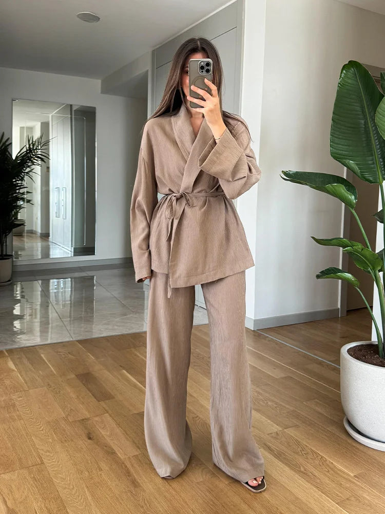 Pants Suit Solid Drawstring Long Sleeve Blouse+ Elastic Waist Wide Leg Pants Streetwear