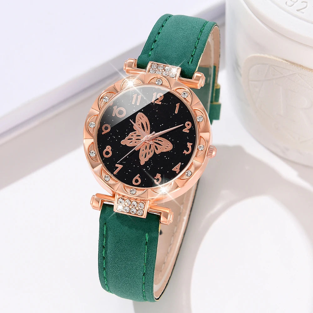 1PCS Simple Luxury Butterfly Element Leather Strap Watch Black Casual Fashion Quartz Watch Is The Perfect Gift For Her (No Box)