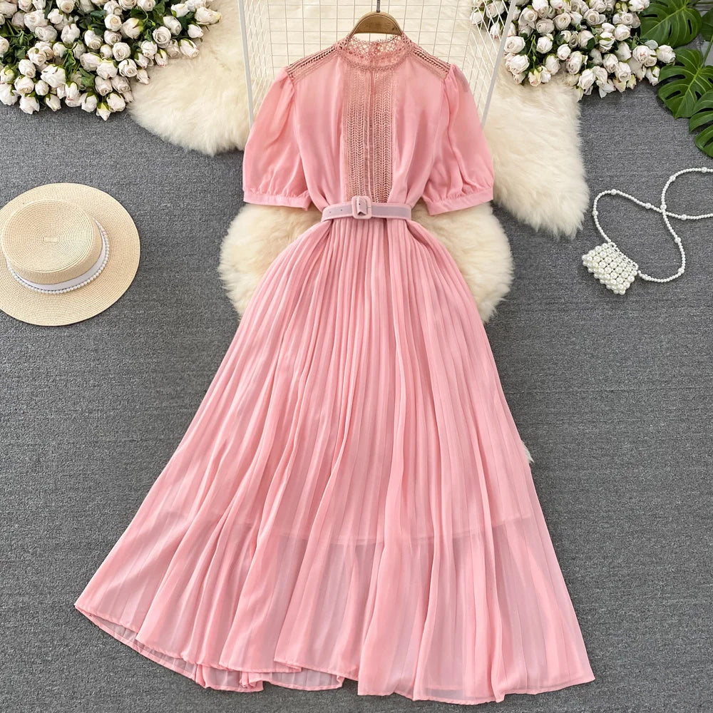 Elegant Dress Lace Belt Short sleeved Back Zip Pleated Chiffon A-line