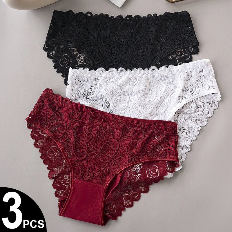 3PCS Luxury Floral Embroidery Lace Panties