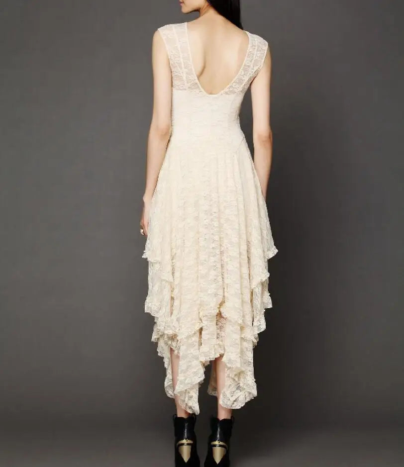 Spring/Summer New Irregular Lace Sleeveless Round Neck Solid Color Dress