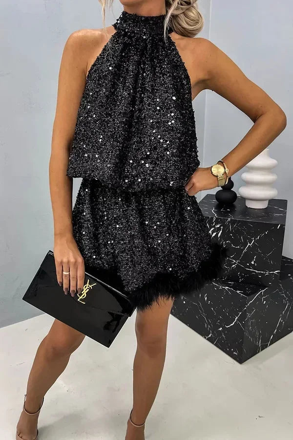 New European and American Party Sequin Hanging Neck Fashion Dress INS Casual Lace up Sleeveless Dress