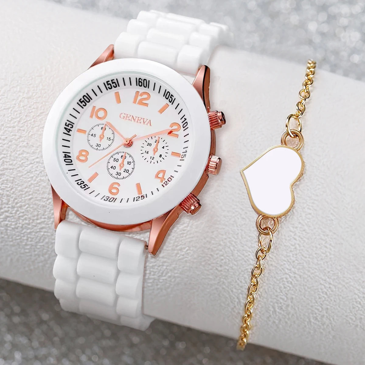 2PCS/Set Geneva Women Watch Fashion Silicone Band Quartz Wrist Watch Heart Bracelet Set