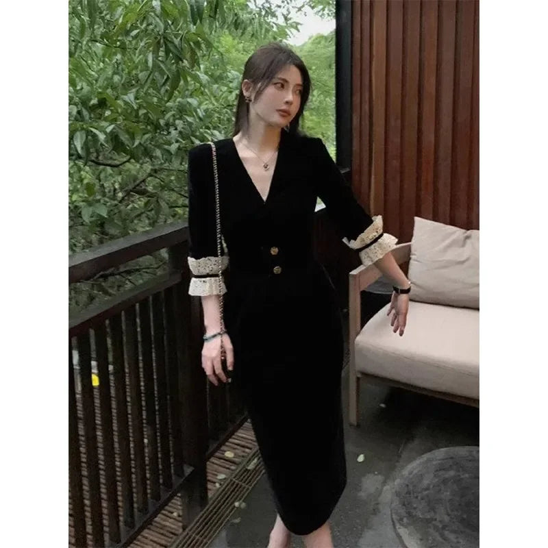 High-end Velvet Autumn/winter Women's Dress 2024 New Style Formal Occasion Gown Slim Fit Black Dress Female Fashion