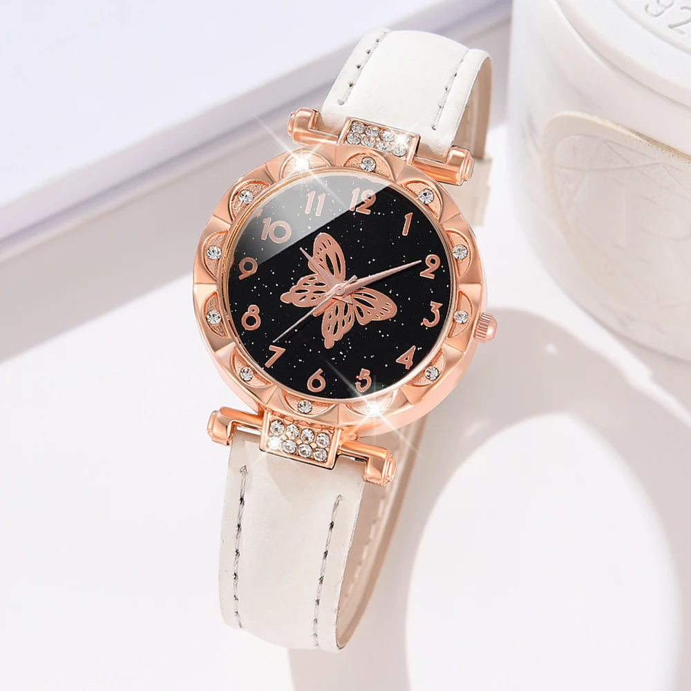 1PCS Simple Luxury Butterfly Element Leather Strap Watch Black Casual Fashion Quartz Watch Is The Perfect Gift For Her (No Box)