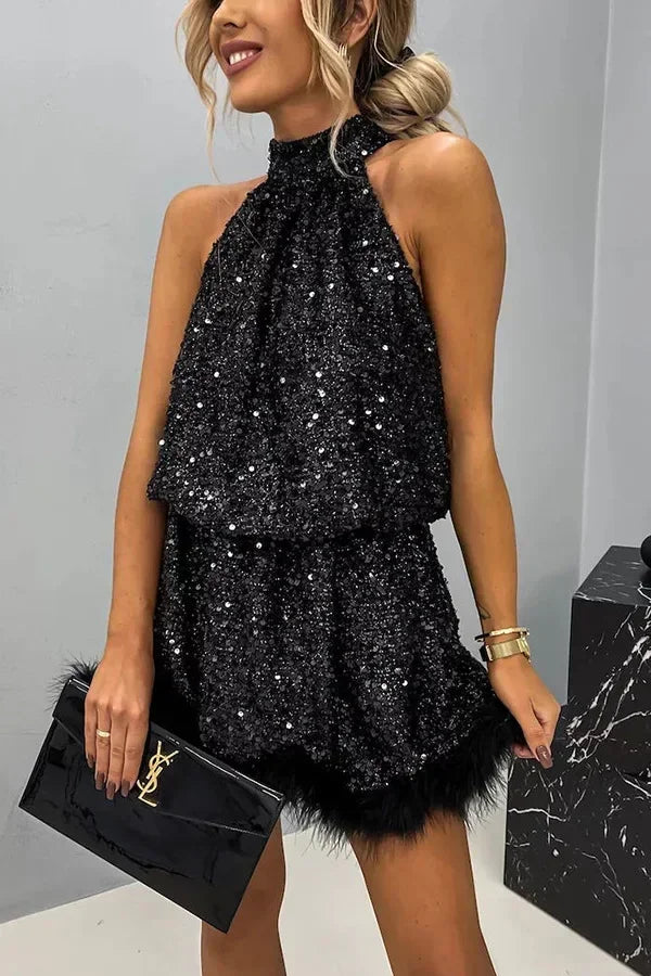 New European and American Party Sequin Hanging Neck Fashion Dress INS Casual Lace up Sleeveless Dress