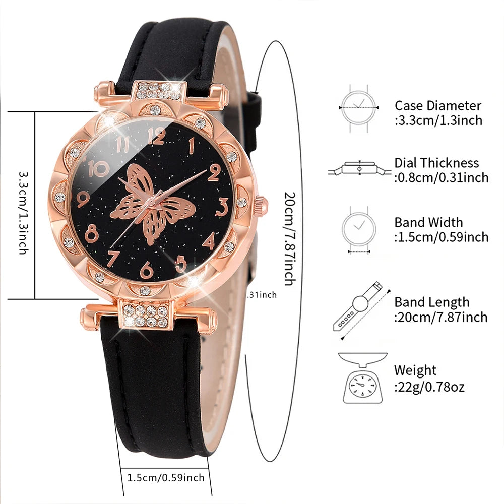 1PCS Simple Luxury Butterfly Element Leather Strap Watch Black Casual Fashion Quartz Watch Is The Perfect Gift For Her (No Box)