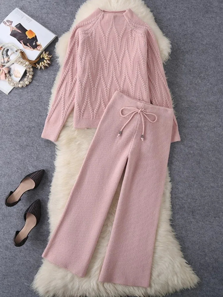 New Korean Fashion O Neck Knitted Sweater Top Casual Loose Lace Up Wide Leg Pant Sets