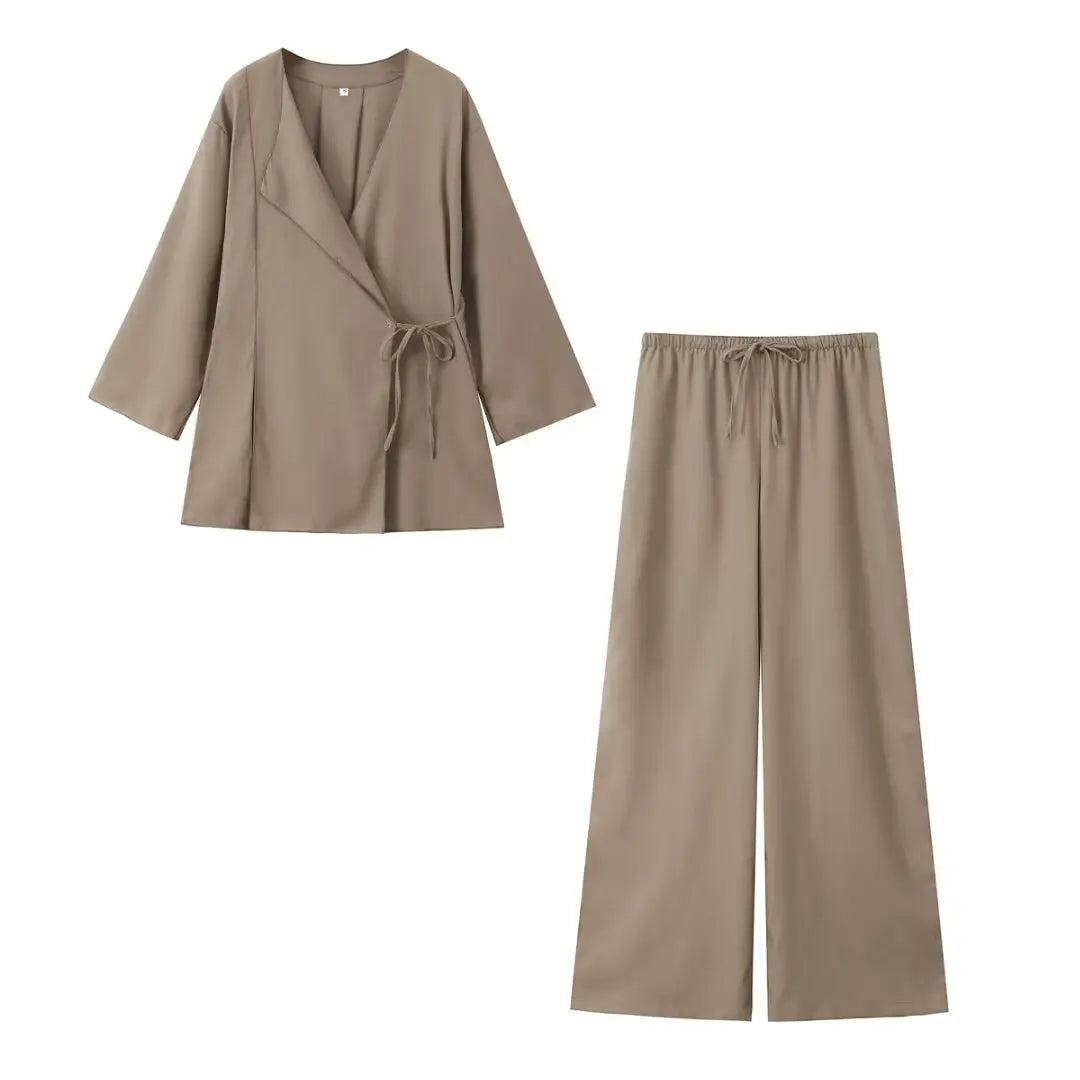 Linen Solid Color Shirt Set Belted Cardigan Kimono Top + High Waist Women's Pleated Pants 2-piece