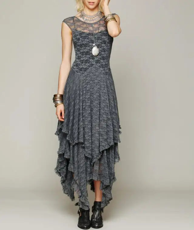 Spring/Summer New Irregular Lace Sleeveless Round Neck Solid Color Dress