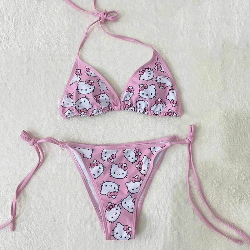 2024 Hellokitty Cute Girls Sexy Bikinis Set Print Bikini Swimsuit Women Swimwear Beachwear Lingerie Elasticity Slips On Vacation