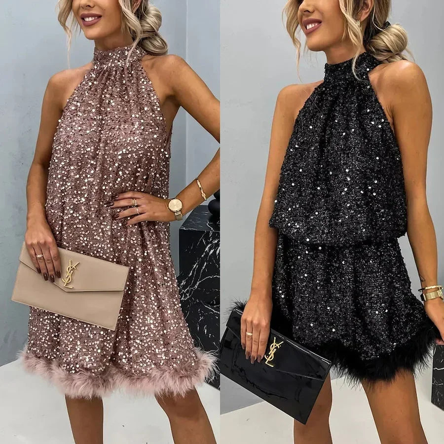 New European and American Party Sequin Hanging Neck Fashion Dress INS Casual Lace up Sleeveless Dress