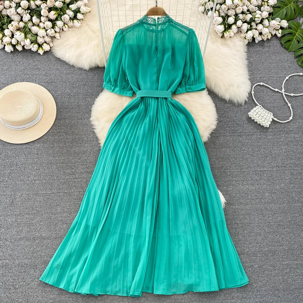 Elegant Dress Lace Belt Short sleeved Back Zip Pleated Chiffon A-line