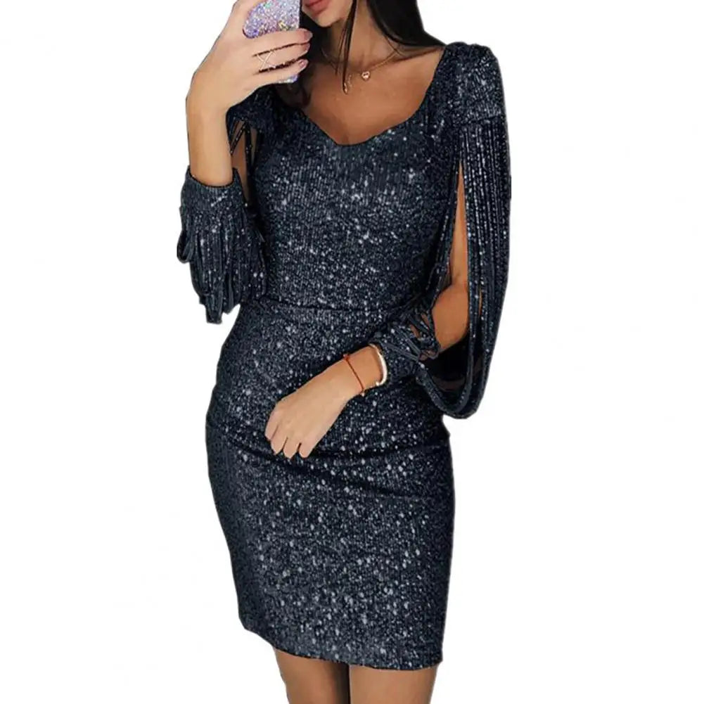 Women Dress Solid Color Long Sleeves V Neck Tassels Mini Dress