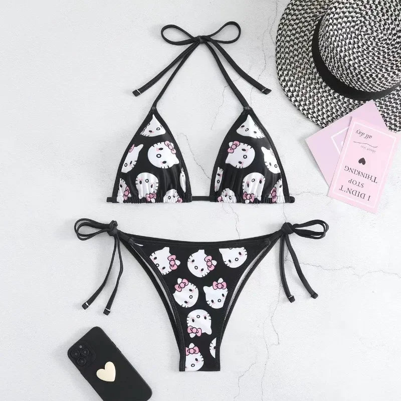 2024 Hellokitty Cute Girls Sexy Bikinis Set Print Bikini Swimsuit Women Swimwear Beachwear Lingerie Elasticity Slips On Vacation