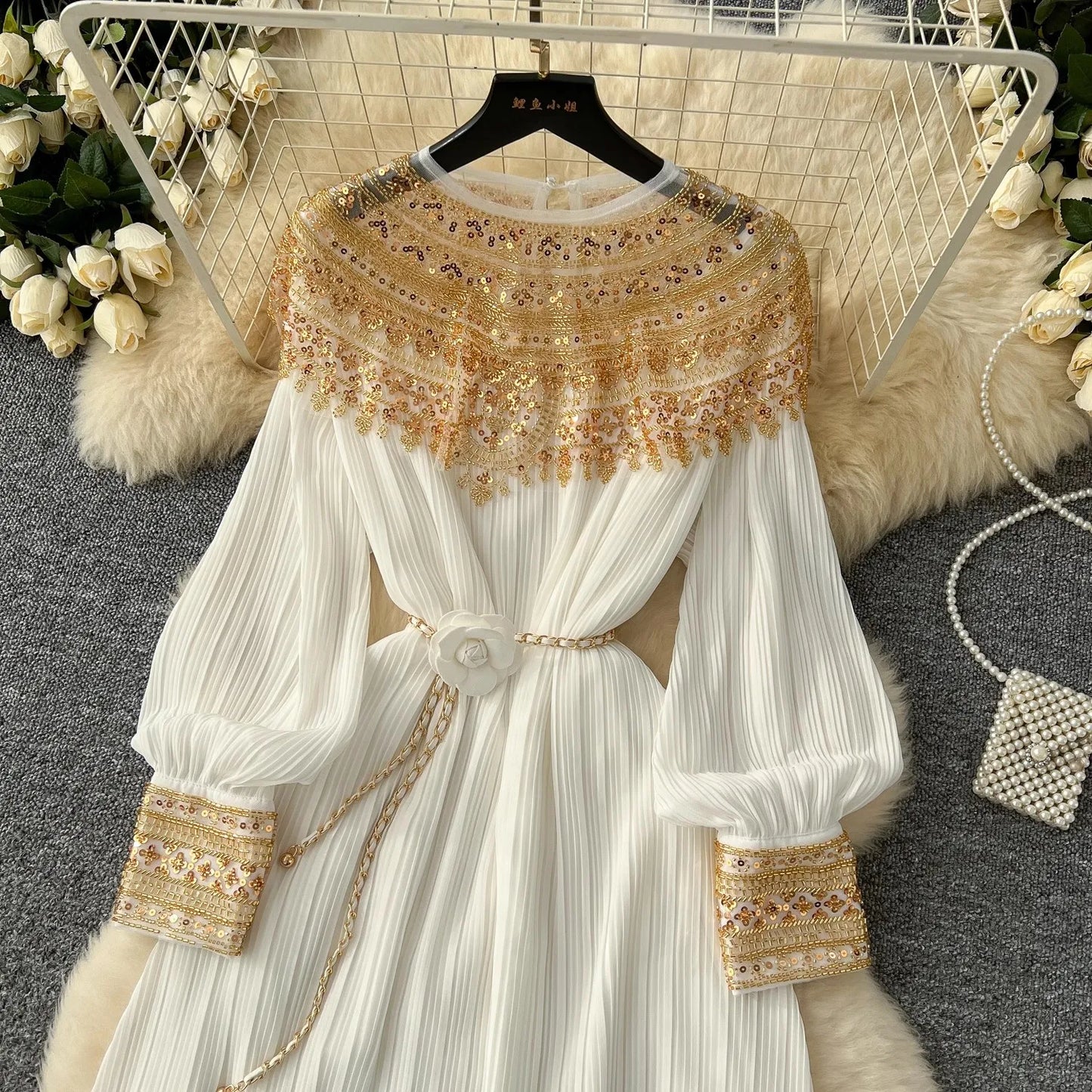 Luxury  Sequined Embroidery Beading Cape Splice Chiffon Formal Occasion Dresses