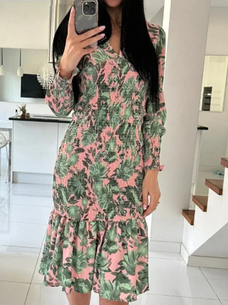 Lantern Sleeve Printed Evening Women Dress Elegant