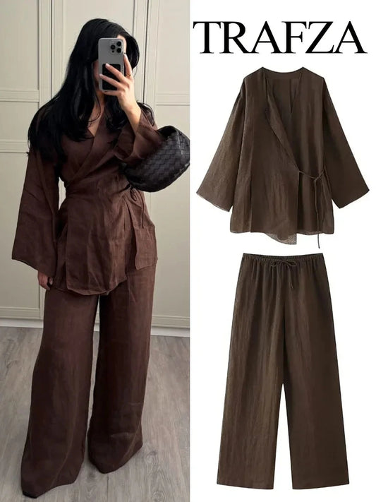 Linen Solid Color Shirt Set Belted Cardigan Kimono Top + High Waist Women's Pleated Pants 2-piece