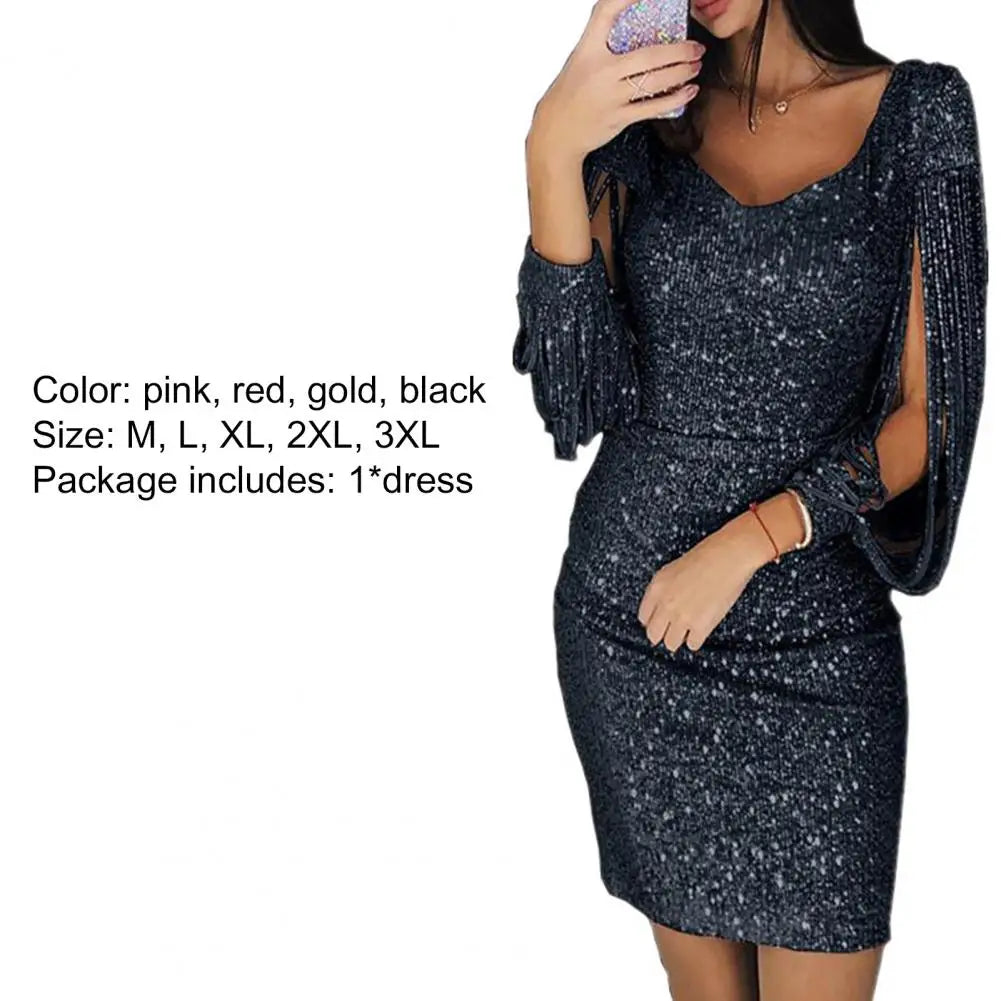 Women Dress Solid Color Long Sleeves V Neck Tassels Mini Dress