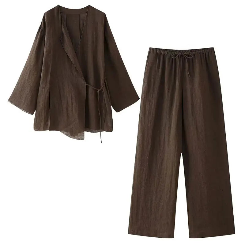 Linen Solid Color Shirt Set Belted Cardigan Kimono Top + High Waist Women's Pleated Pants 2-piece