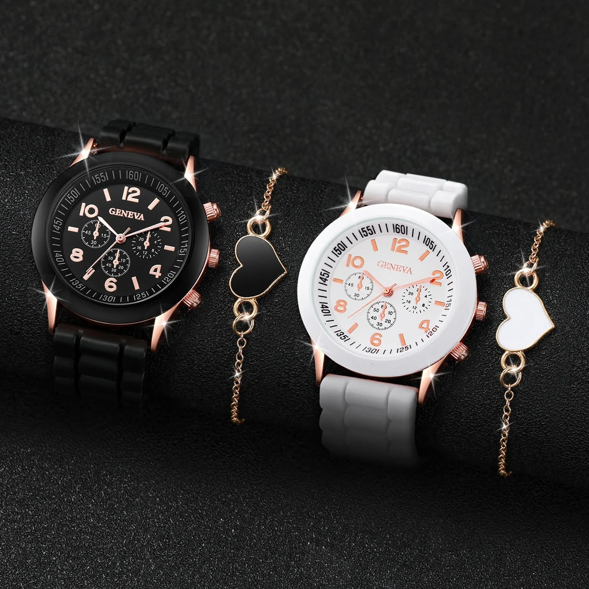 2PCS/Set Geneva Women Watch Fashion Silicone Band Quartz Wrist Watch Heart Bracelet Set