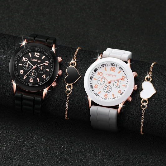 2PCS/Set Geneva Women Watch Fashion Silicone Band Quartz Wrist Watch Heart Bracelet Set