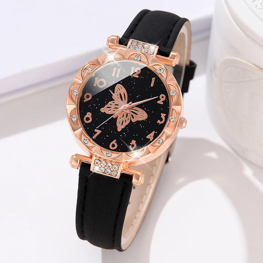 1PCS Simple Luxury Butterfly Element Leather Strap Watch Black Casual Fashion Quartz Watch Is The Perfect Gift For Her (No Box)