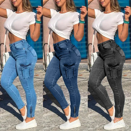 Jeans Sheath Pencil Pants Pockets Cargo Denim Distressed High Waist Washing Slim F