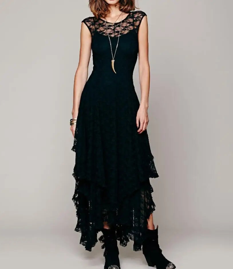 Spring/Summer New Irregular Lace Sleeveless Round Neck Solid Color Dress