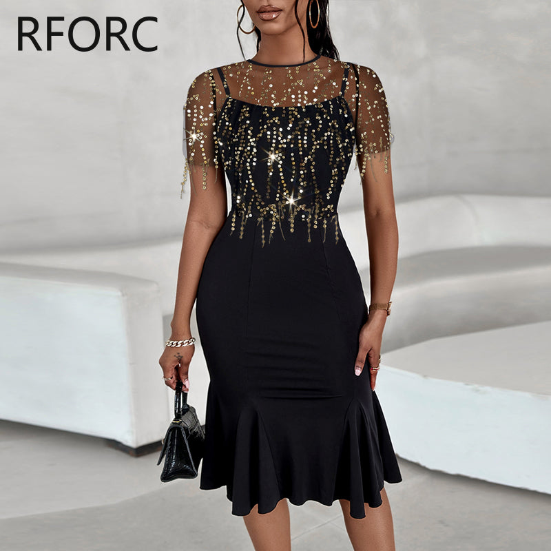 Contrast Mesh Patch Sequin Tassels Midi