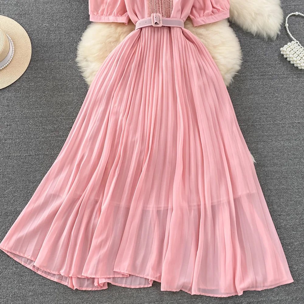 Elegant Dress Lace Belt Short sleeved Back Zip Pleated Chiffon A-line