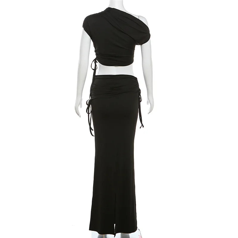 Short Sleeve Crop Top Shirt and Maxi Long Skirts Two Piece Matching Sets