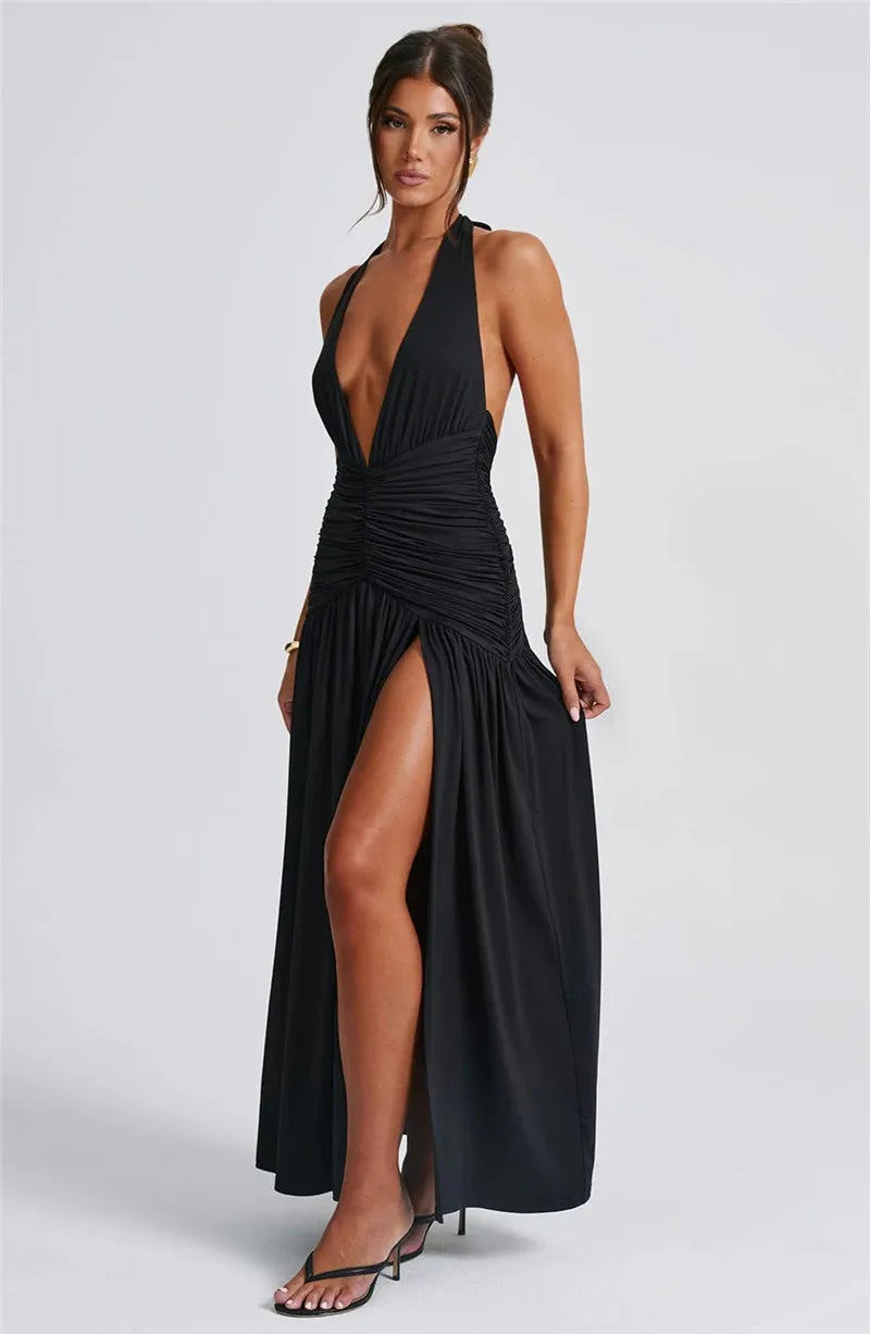 Halter Deep V Neck Backless Maxi Dress