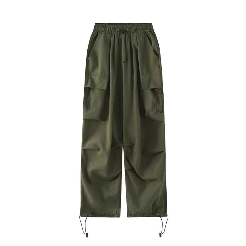 New American Hip-Hop Straight Wide-Leg High-Waisted Large Pockets Drawstring Work Pants High Street Casual