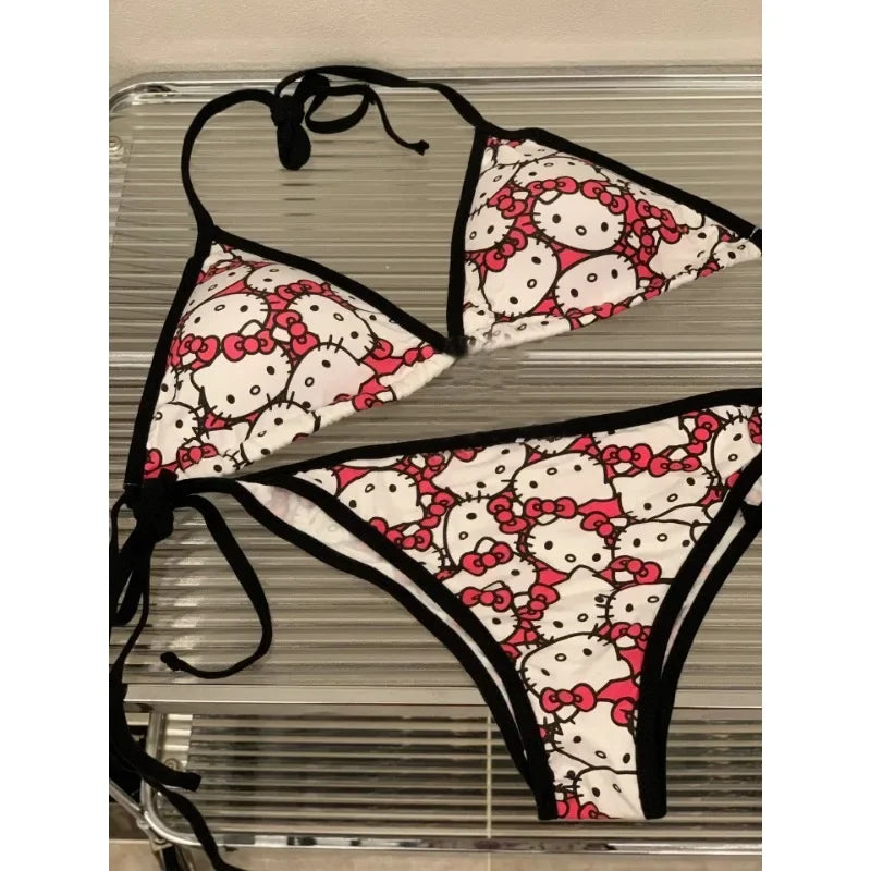 2024 Hellokitty Cute Girls Sexy Bikinis Set Print Bikini Swimsuit Women Swimwear Beachwear Lingerie Elasticity Slips On Vacation