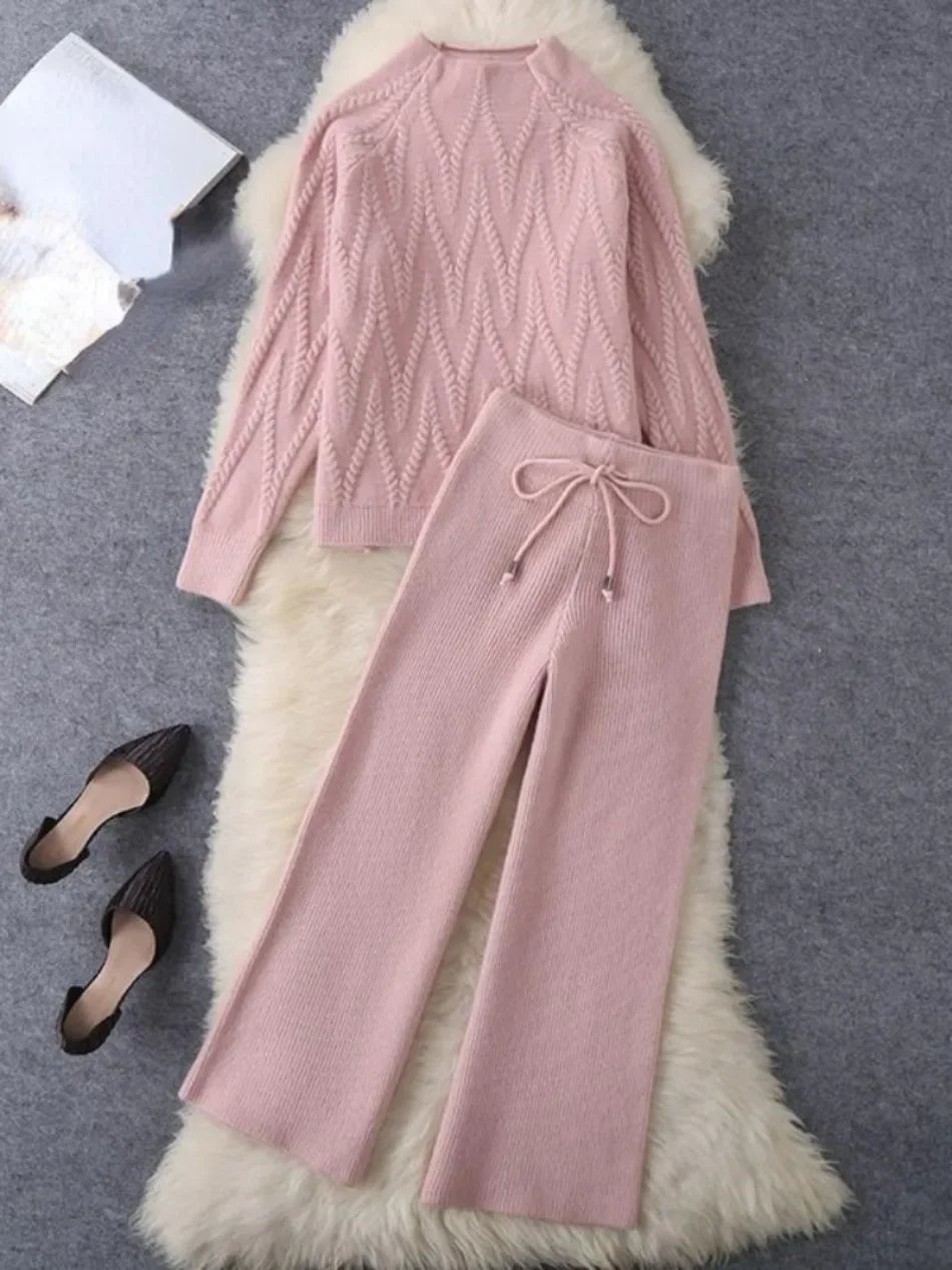 New Korean Fashion O Neck Knitted Sweater Top Casual Loose Lace Up Wide Leg Pant Sets