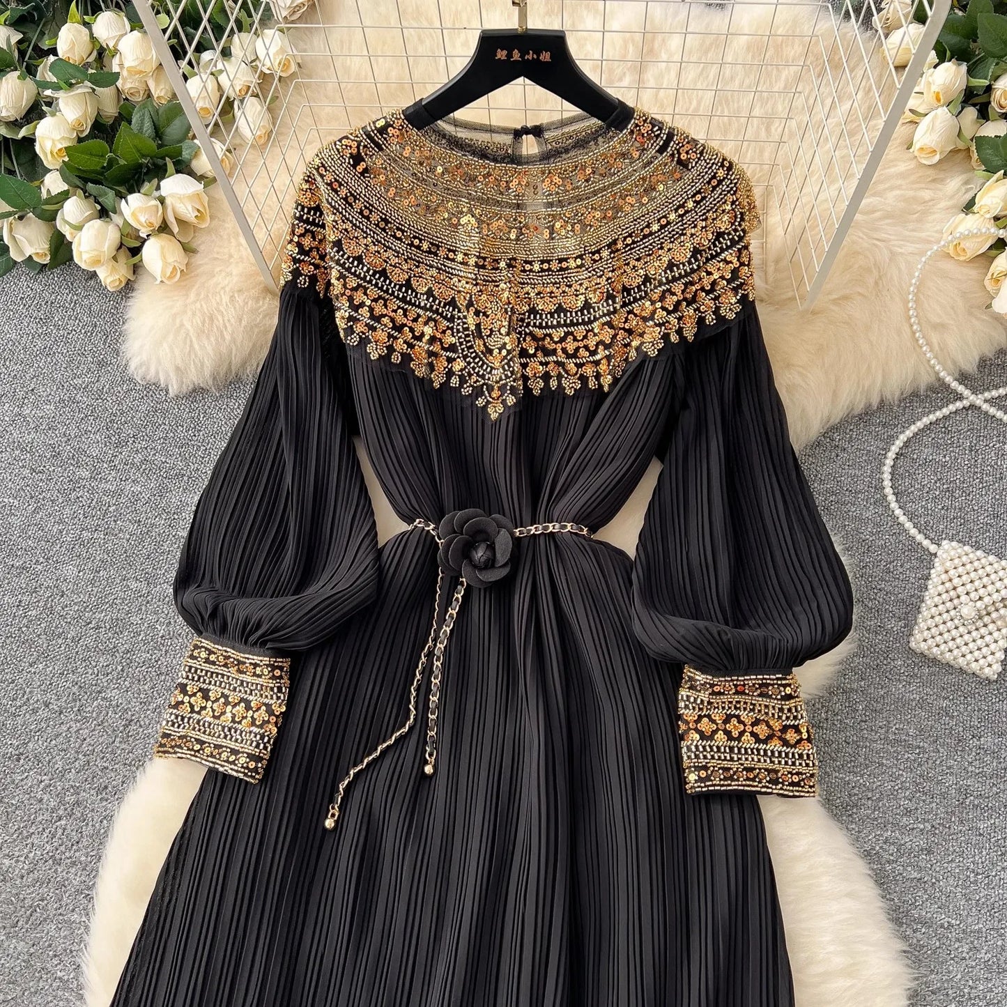 Luxury  Sequined Embroidery Beading Cape Splice Chiffon Formal Occasion Dresses