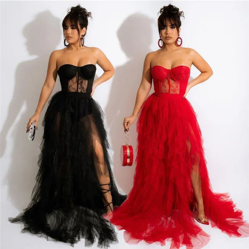 Tulle Cascading Ruffles Evening Long Dresses