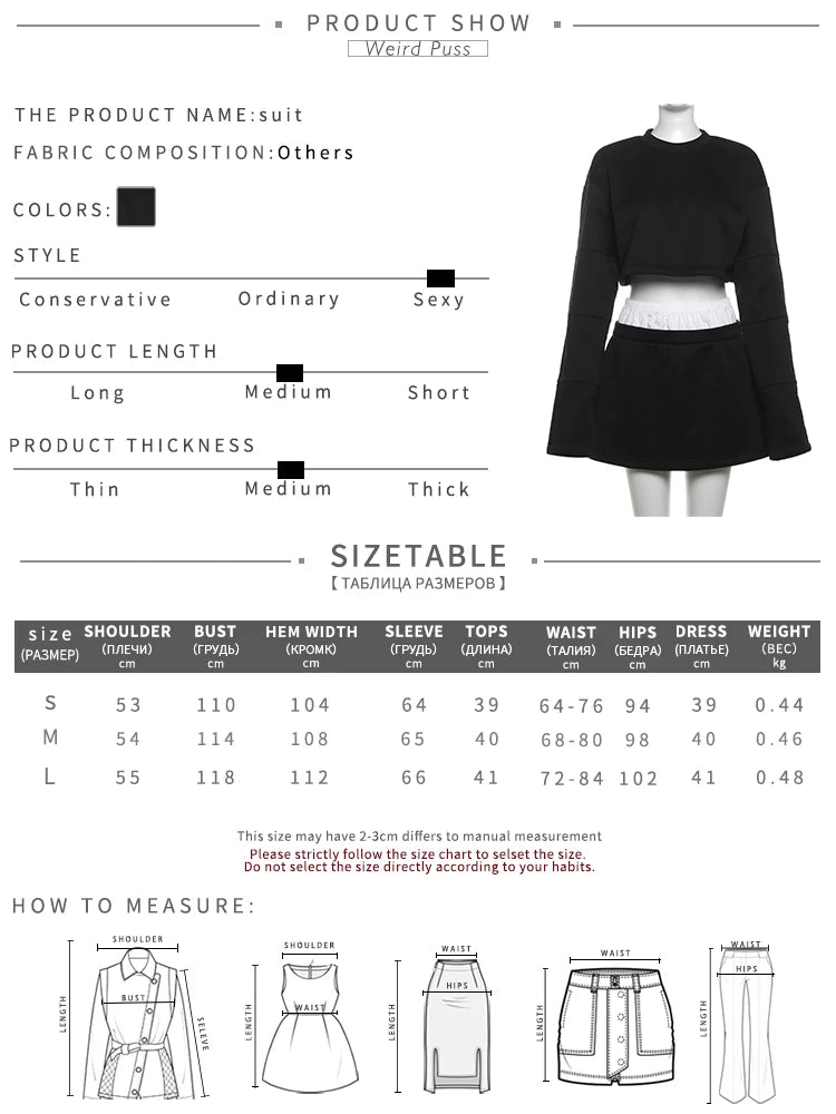 2 Piece Set Women Patch Full Sleeve Crop Tops+Wide Belt Fake 2 Pieces Skirts Matching Casual Street Outfits