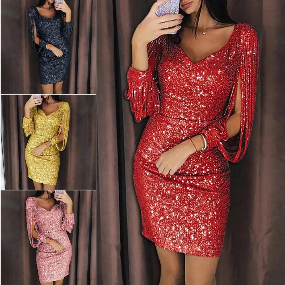 Women Dress Solid Color Long Sleeves V Neck Tassels Mini Dress