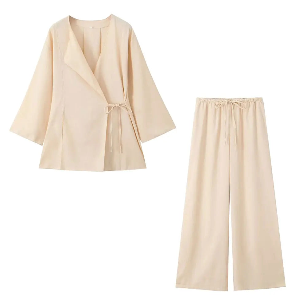 Linen Solid Color Shirt Set Belted Cardigan Kimono Top + High Waist Women's Pleated Pants 2-piece