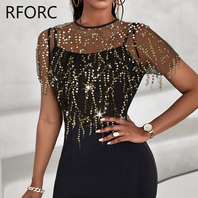 Contrast Mesh Patch Sequin Tassels Midi