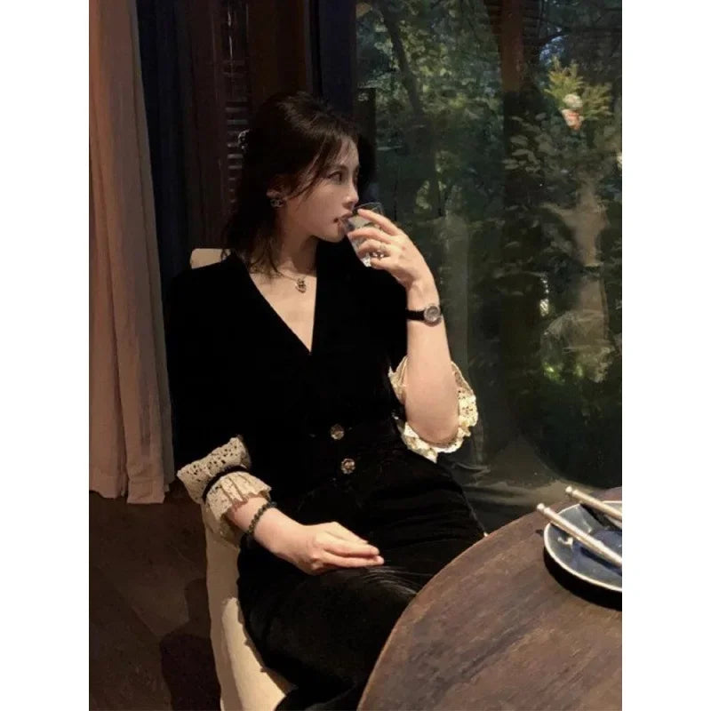 High-end Velvet Autumn/winter Women's Dress 2024 New Style Formal Occasion Gown Slim Fit Black Dress Female Fashion